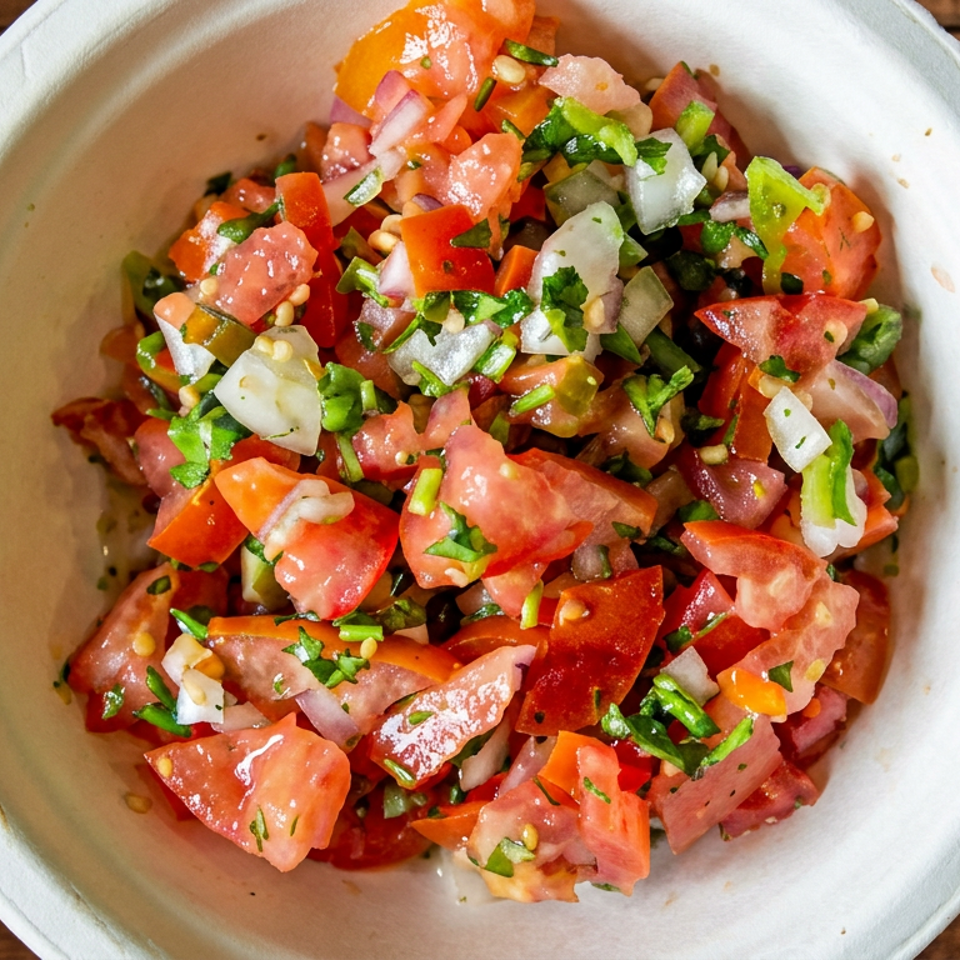 Close-up of fresh pico de gallo with diced tomatoes, onions, and cilantro in a white bowl.