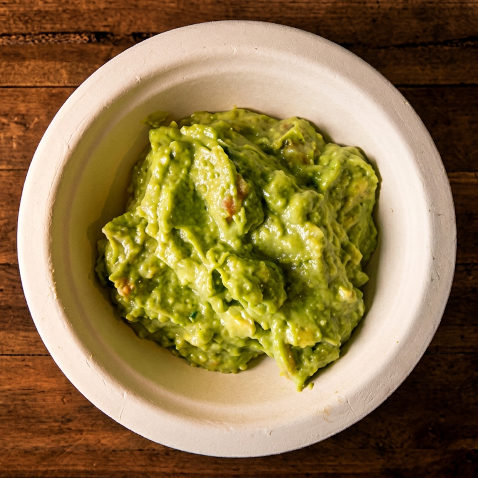Freshly made guacamole in a white bowl, centered on a rustic dark wooden table.