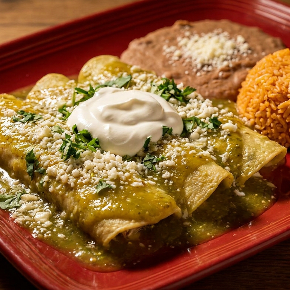 Green enchiladas with sour cream, rice, and refried beans on a red plate.
