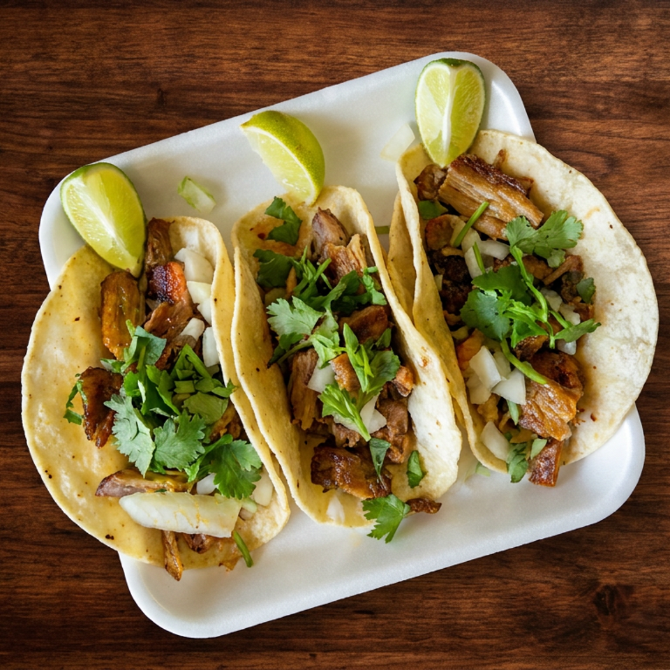 Three street tacos with meat, onions, cilantro, and lime wedges on a white tray.