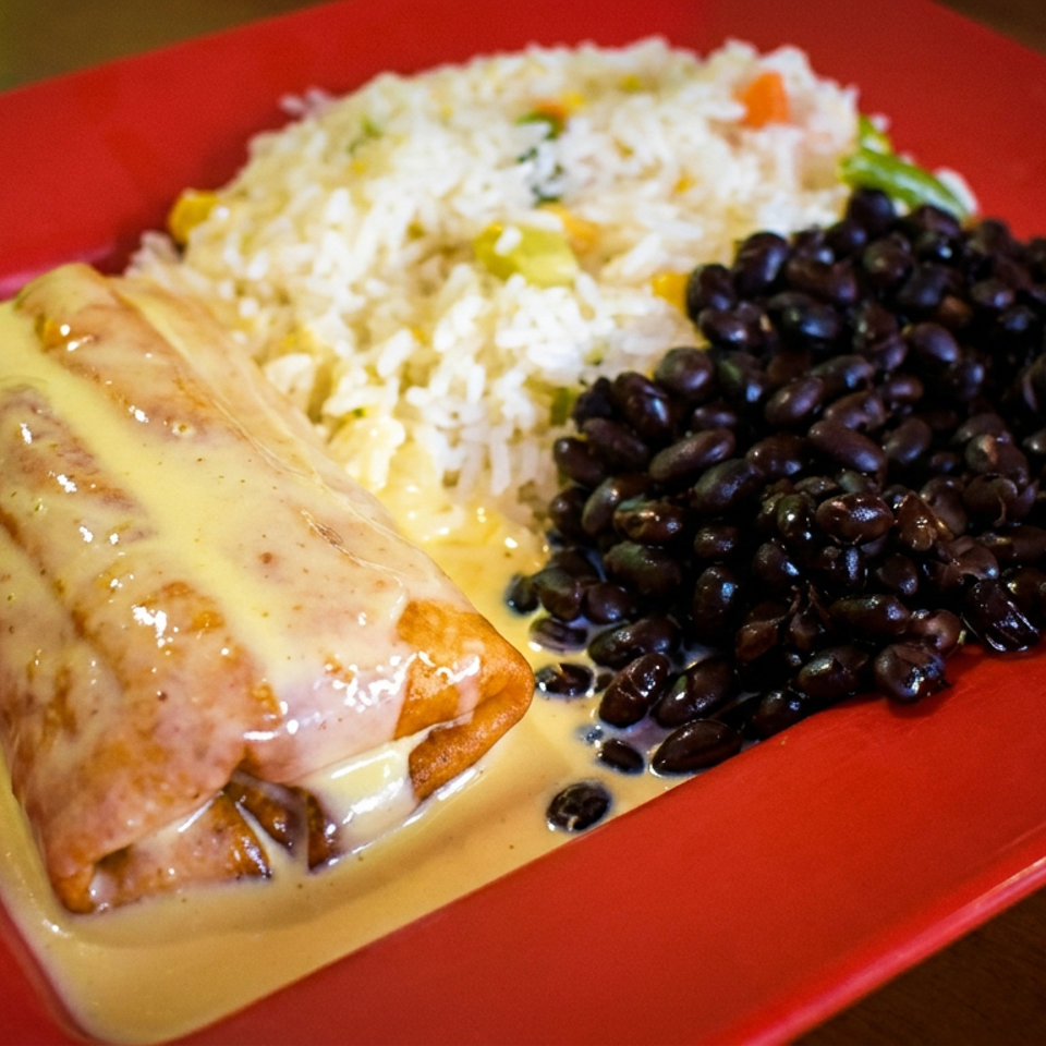 A chimichanga covered in yellow sauce, with white rice and black beans on a red plate.